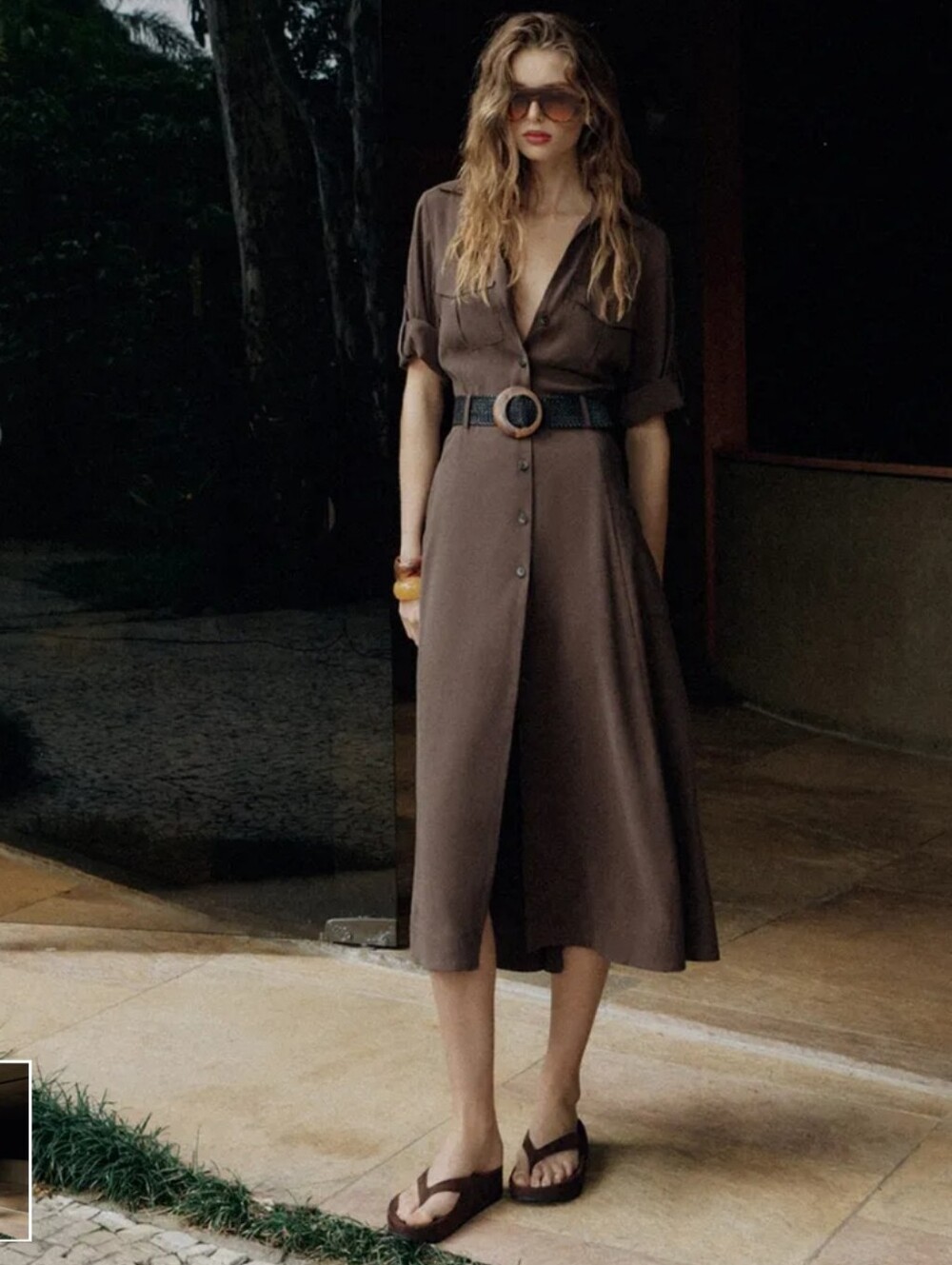 Zara Brown Button-Front Midi Shirt Dress